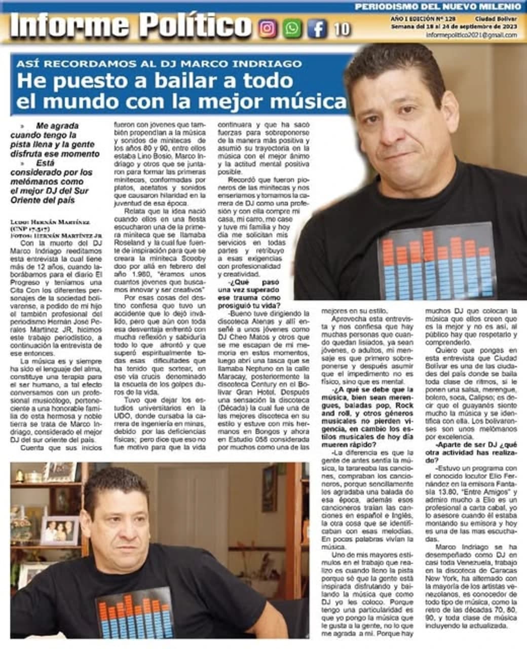 Página del semanario Informe Político de Ciudad Bolívar, edición N.º 128 (semana del 18 al 24 de septiembre de 2023): «Así recordamos al DJ Marco Indriago — He puesto a bailar a todo el mundo con la mejor música»