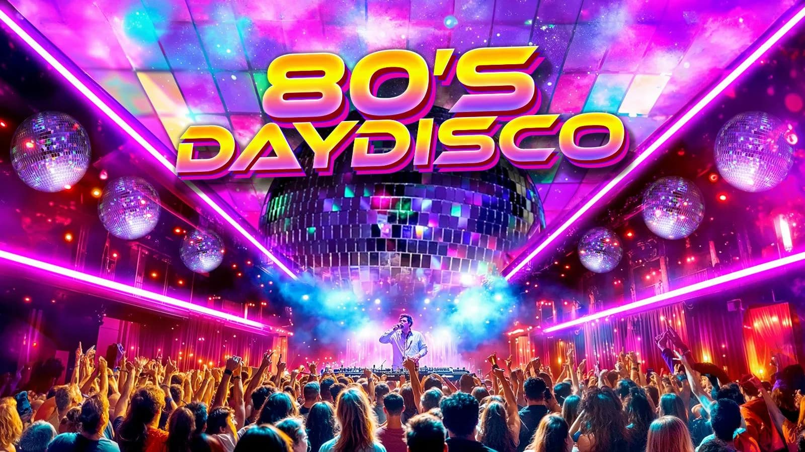 Afiche oficial de 80's Day Disco: un DJ ante el público bajo una gran bola de espejos y luces de neón