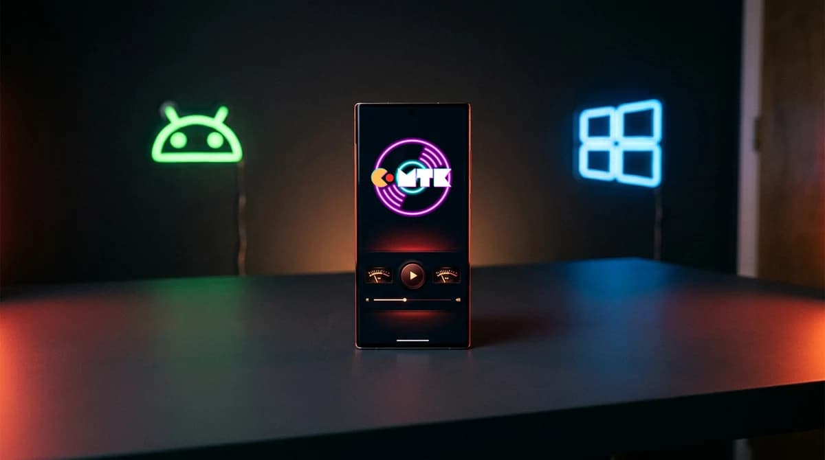 Un teléfono Android de pie sobre el escritorio muestra la app de CMTK Radio —el logo en pantalla, vúmetros de aguja y botón de reproducción— entre los emblemas de neón de Android y Windows