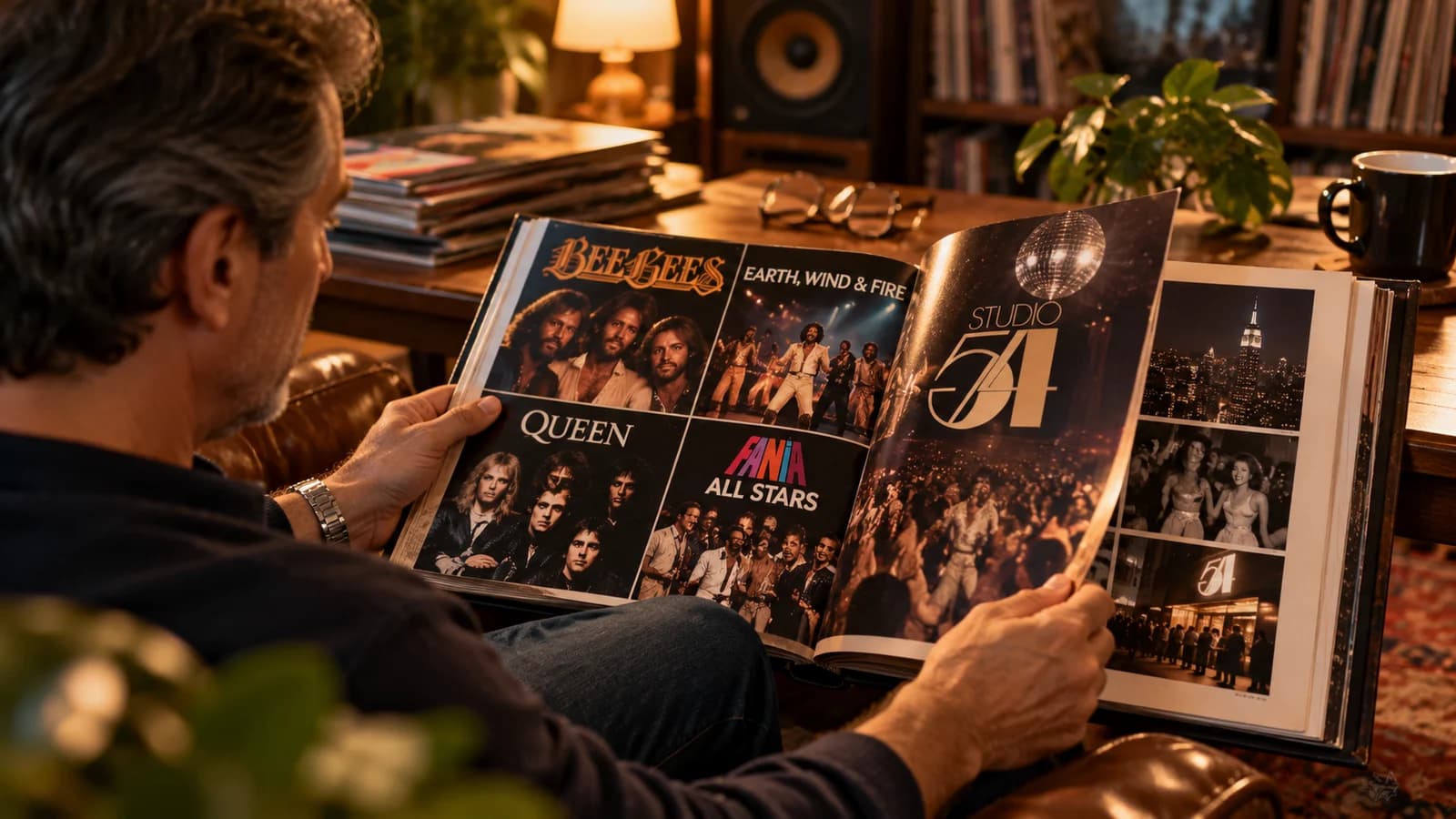 A listener leafs through a period book with pages on Bee Gees, Earth, Wind & Fire, Queen, Fania All Stars and Studio 54, among vinyl records and a warm lamp — the Memoria Miniteka specials