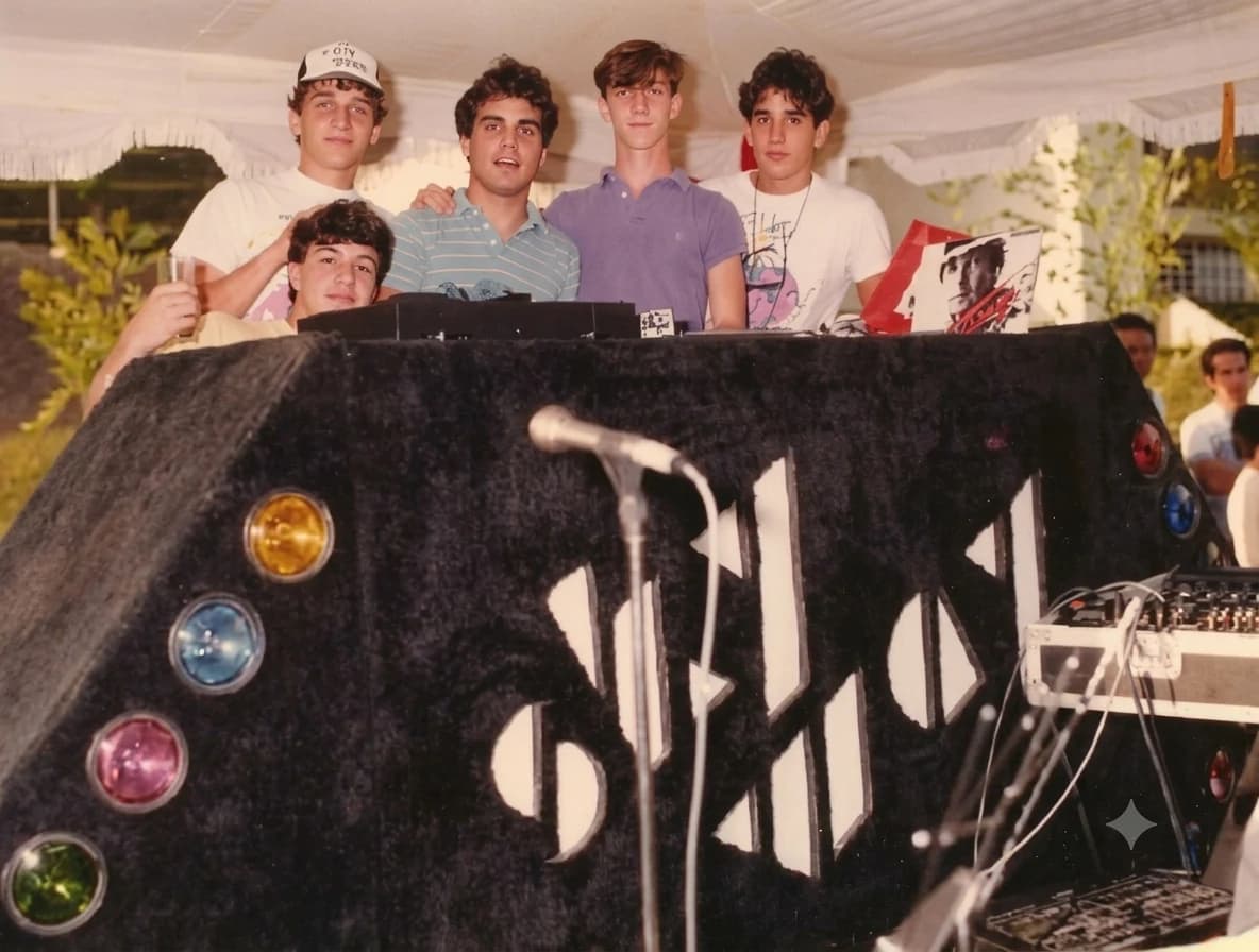 Miniteca Sky Way — the booth lined in black corduroy with the “SKY WAY” logo cut out and the colored light lenses at the front, with the crew of young discjockeys behind it and the turntables on the console (archive photograph digitally restored)