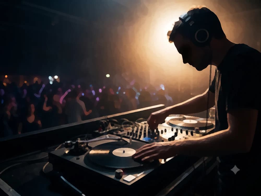 A discjockey in headphones works the two turntables facing the lit dance floor: the sets play again — cover art of the CMTK Radio show Minitecas: Segunda Vuelta