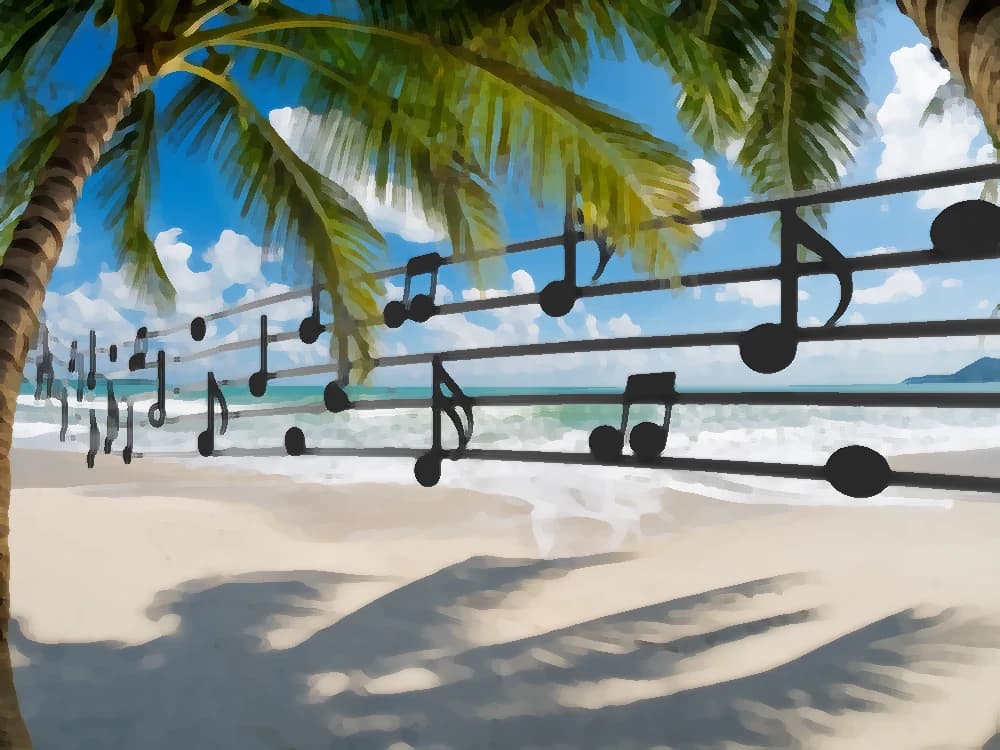 Illustration: a stave of musical notes crosses a Caribbean beach between palm trees — salsa, merengue and Latin pop by the sea — cover art of the CMTK Radio show Sonidos Latinos