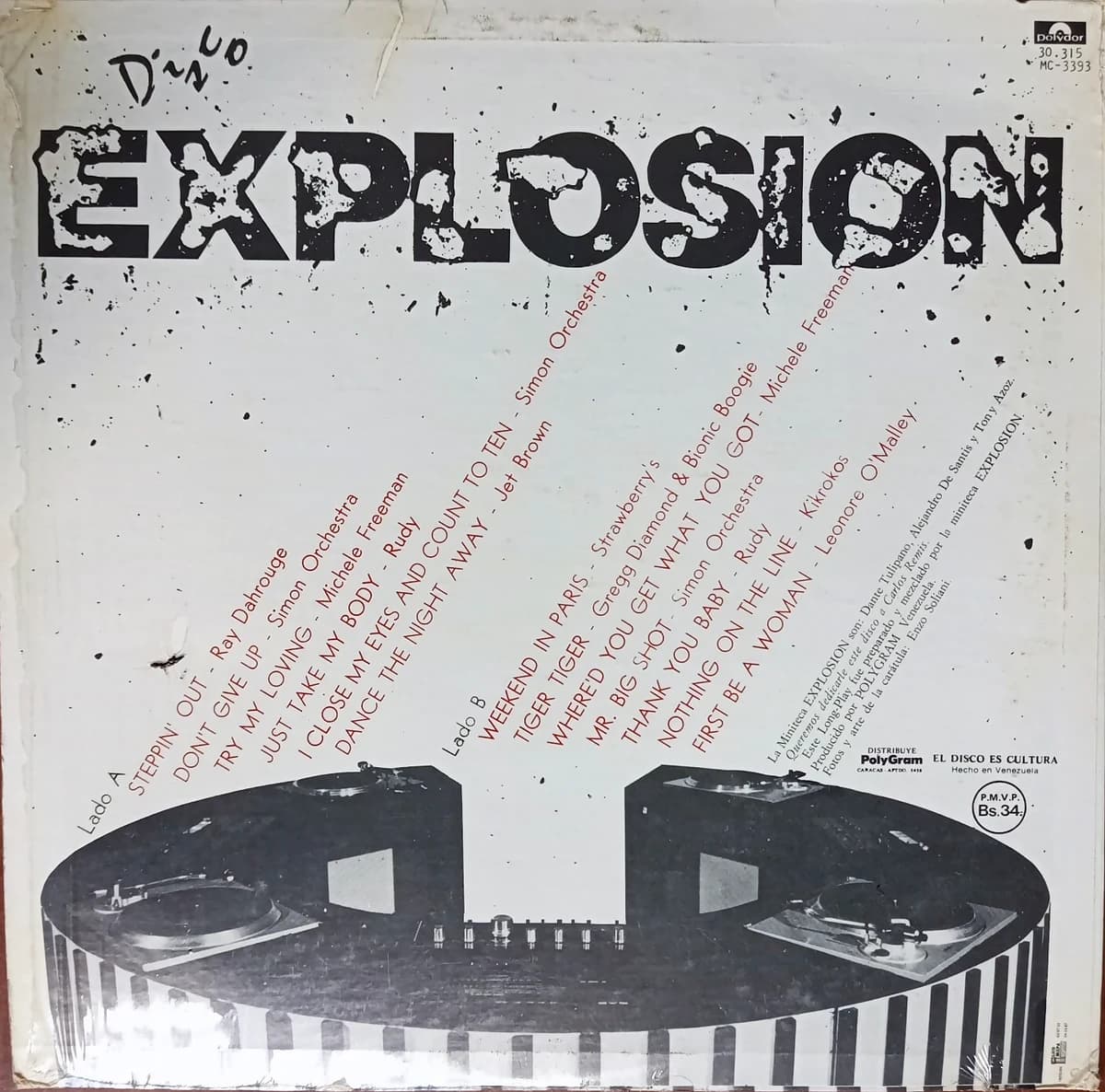 Disco Explosion Vol. 2 — Archivo CMTK Contraportada de «Disco Explosion Vol. 2»: el título en letras resquebrajadas, el repertorio de los dos lados impreso en rojo, la nómina de la miniteca con la dedicatoria a Carlos Remis y, al pie, el segundo mueble de Explosión fotografiado completo: cuatro tornamesas, el mezclador al centro y el frente rayado en blanco y negro