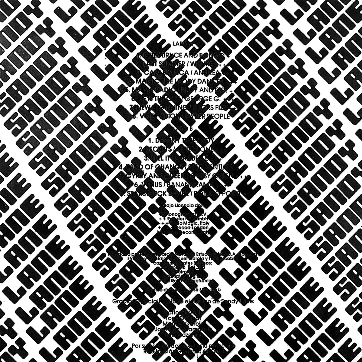 Sandy Lane (1986) — Archivo CMTK Contraportada del disco de la Miniteca Sandy Lane (1986) — el nombre repetido en diagonal sobre fondo blanco, con el repertorio y los créditos técnicos impresos
