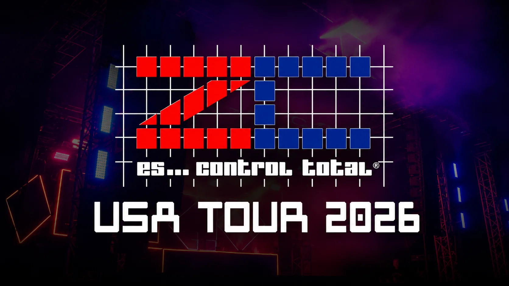 ZC — USA Tour 2026 — Eventos CMTK ZC — USA Tour 2026: afiche de la miniteca venezolana ZC «es… control total» sobre un escenario de luces para su gira por Miami y Orlando