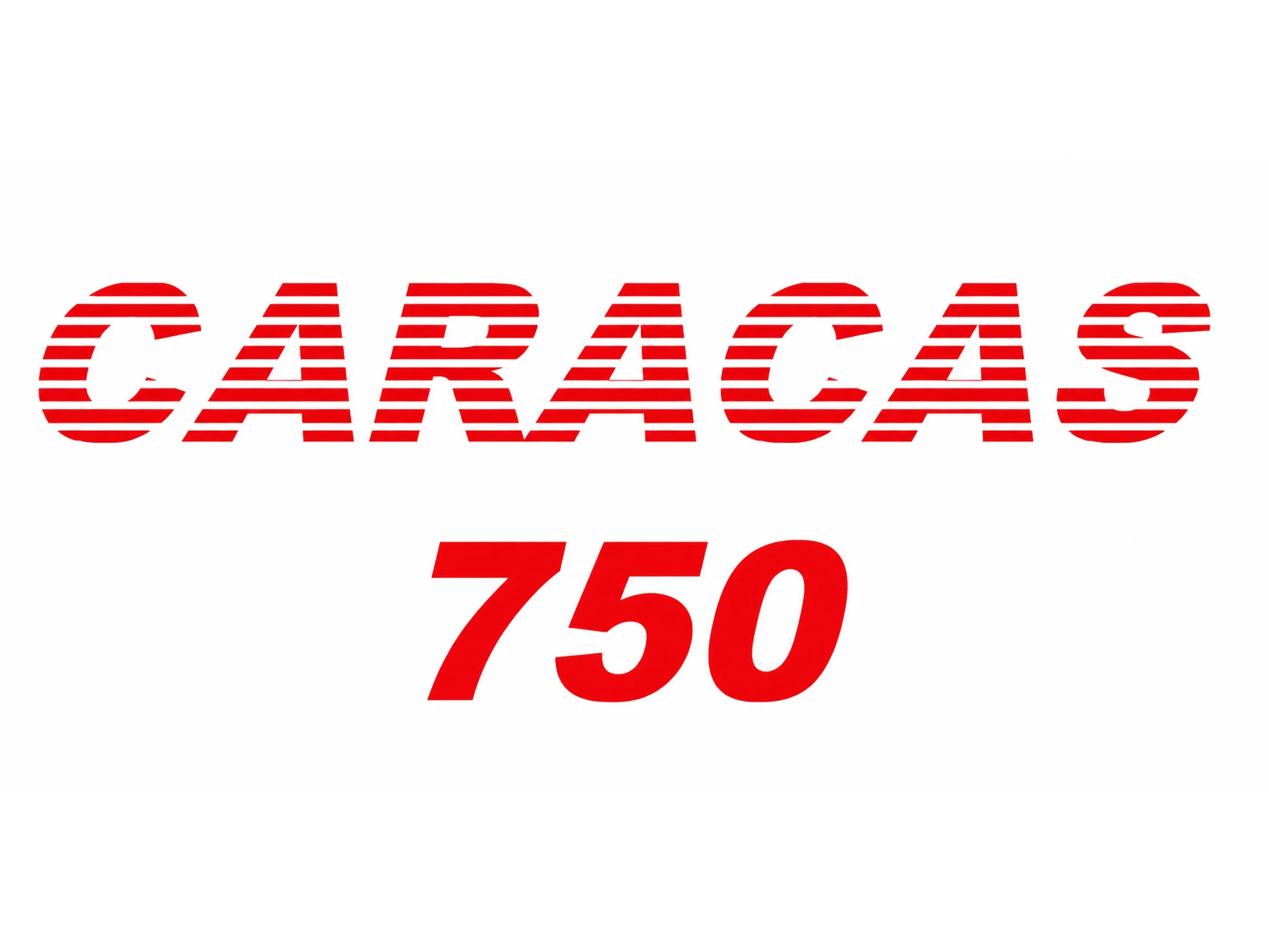 Logotipo de época de Caracas 750: la palabra «CARACAS» en rojo con rayas horizontales sobre el número 750, identidad de la etapa juvenil de la emisora Logotipo de época de Caracas 750: la palabra «CARACAS» en rojo con rayas horizontales sobre el número 750, identidad de la etapa juvenil de la emisora